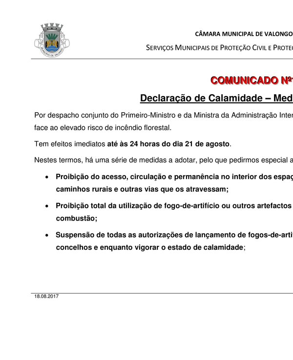 Comunicado da Câmara Municipal de Valongo sobre medidas preventivas de calamidade.