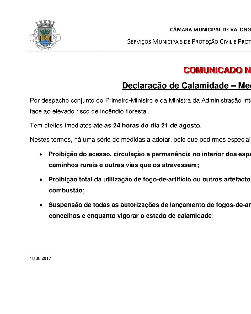 Comunicado da Câmara Municipal de Valongo sobre medidas preventivas de calamidade.