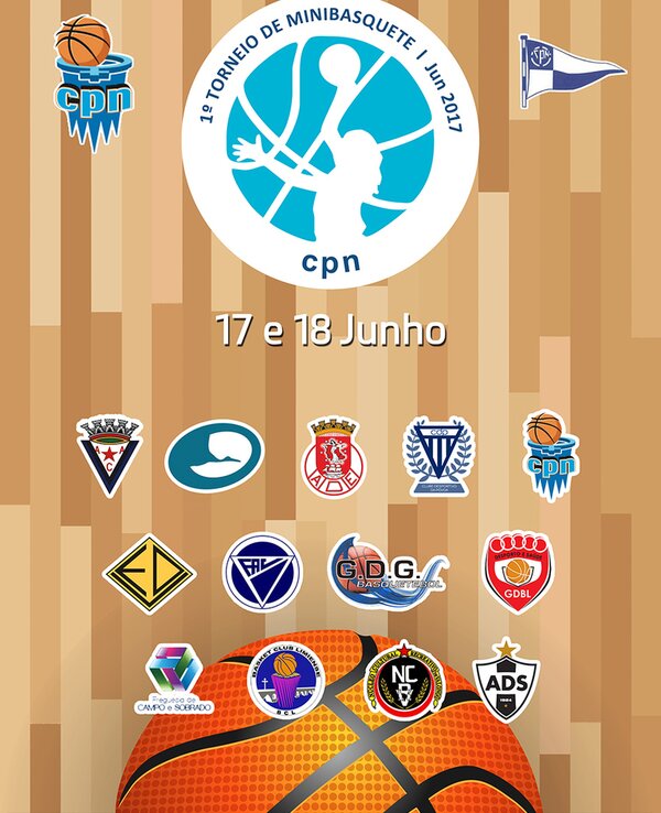 Cartaz do 12º Torneio de Minibasquete, com logótipos e datas.