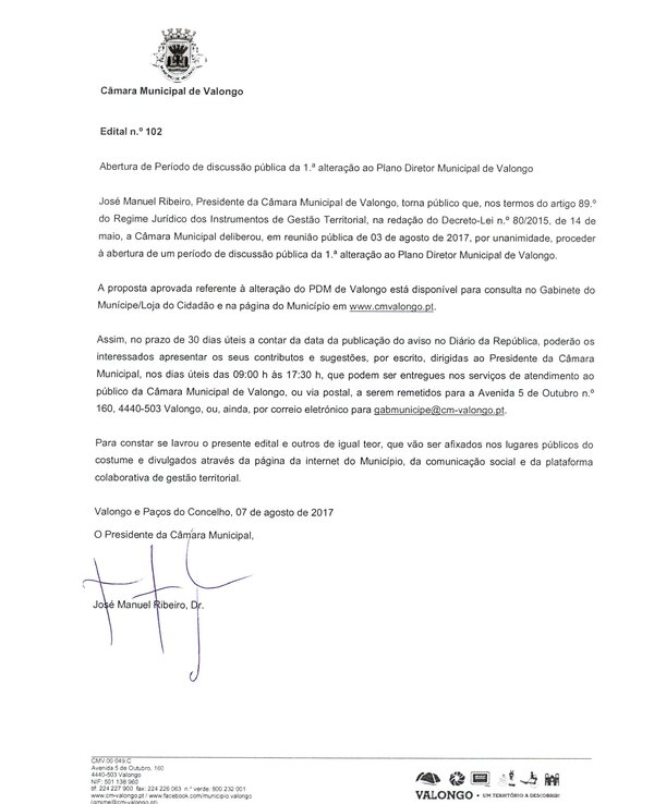 Edital da Câmara Municipal de Valongo sobre discussão pública do PDM.