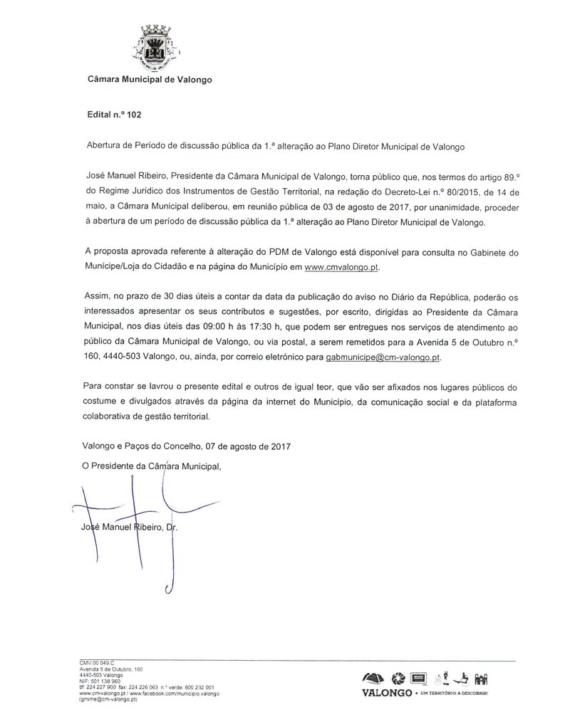 Edital da Câmara Municipal de Valongo sobre discussão pública do PDM.