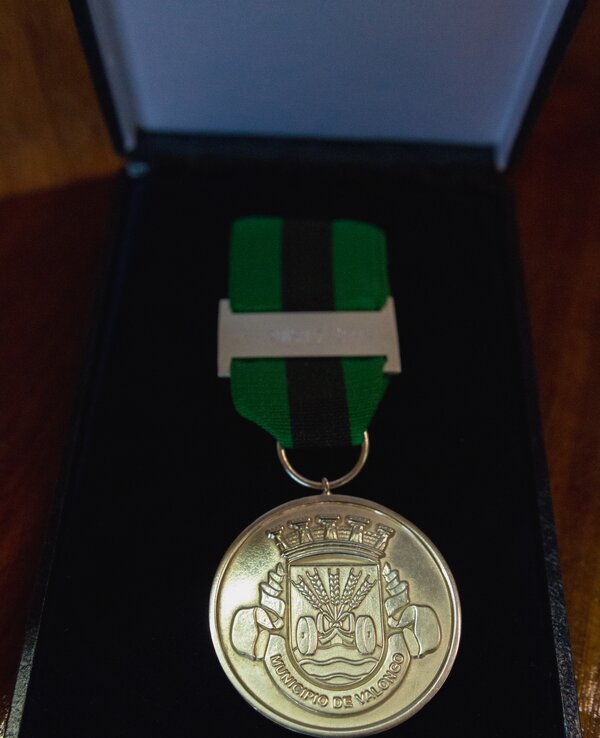 Medalha prateada com o brasão do Município de Valongo, em caixa.