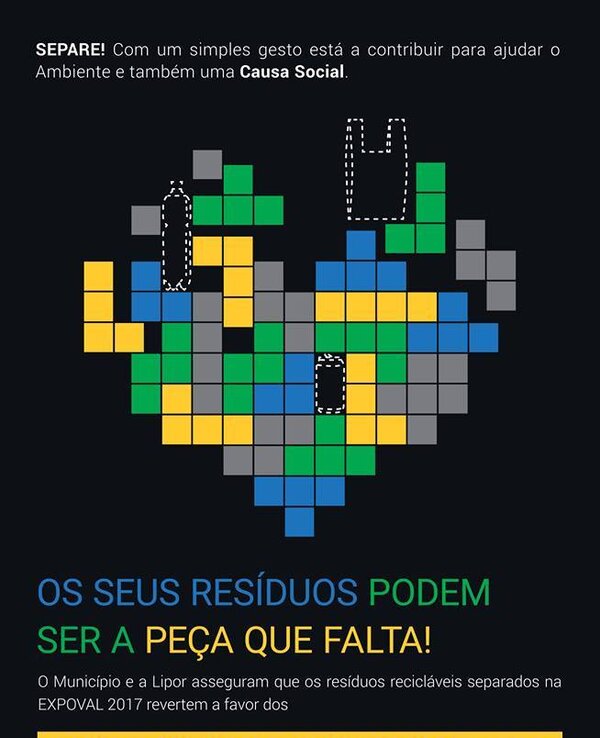 Cartaz sobre reciclagem, com um coração colorido e mensagem de apoio social.
