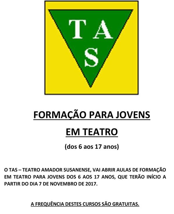 Cartaz sobre formação em teatro para jovens dos 6 aos 17 anos.