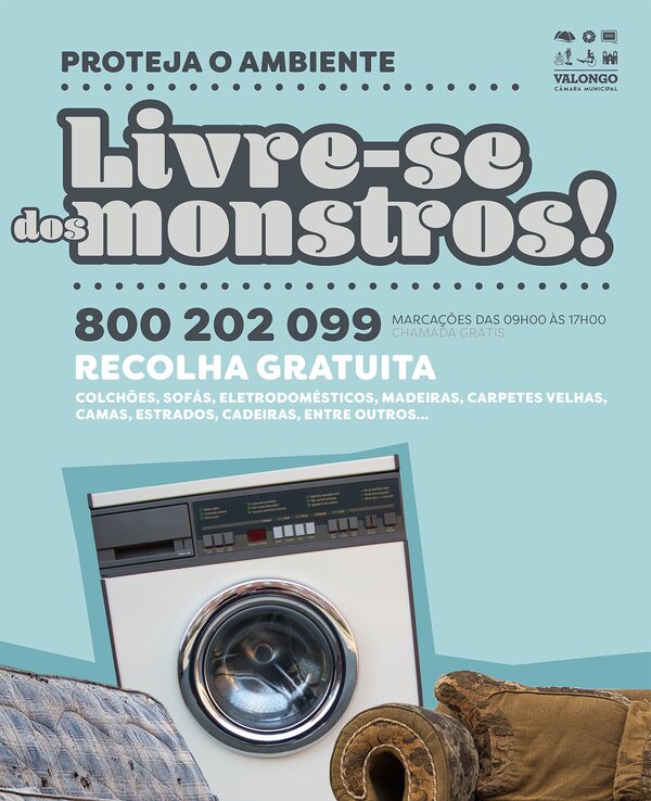 Cartaz sobre recolha gratuita de lixo volumoso, com eletrodomésticos e móveis.