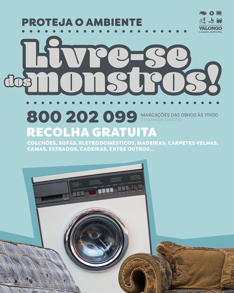 Cartaz sobre recolha gratuita de lixo volumoso, com eletrodomésticos e móveis.