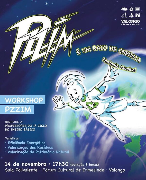 Cartaz do workshop PZZIM, com um personagem energético e informações do evento.