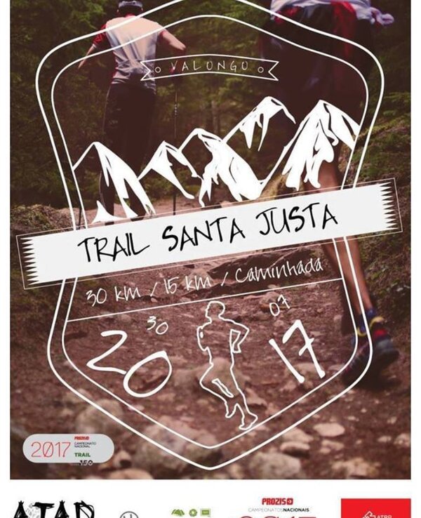 Cartaz do Trail Santa Justa com informações sobre a corrida e montanhas ao fundo.