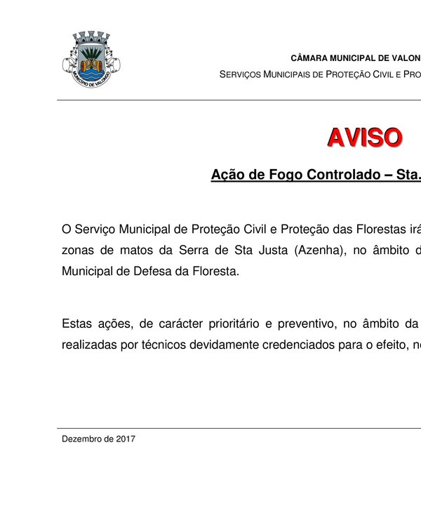 Aviso sobre ação de fogo controlado na Serra de Sta. Justa, Valongo.