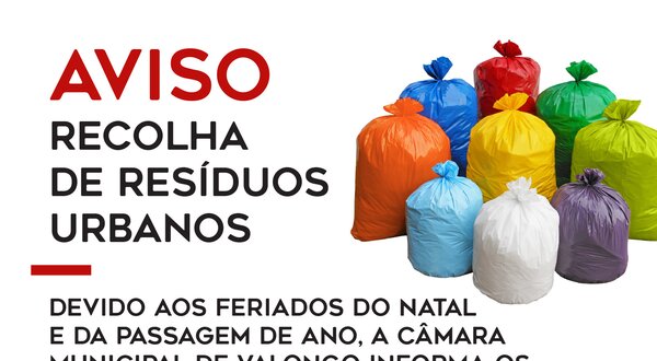 Aviso sobre alterações na recolha de resíduos urbanos em Valongo durante o Natal.