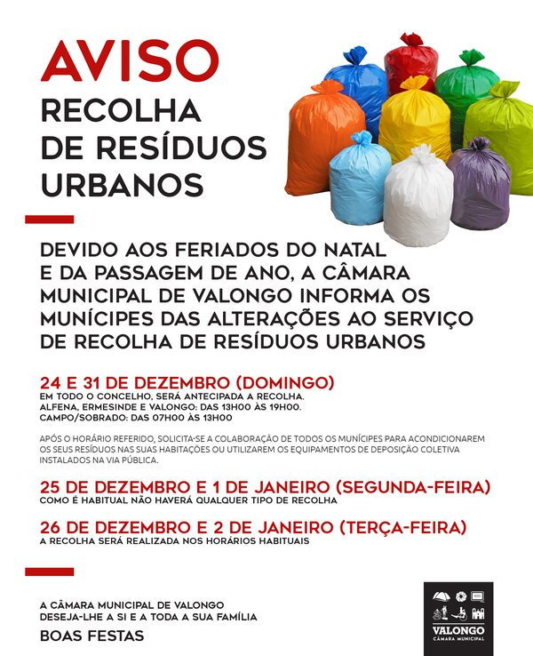 Aviso sobre alterações na recolha de resíduos urbanos em Valongo durante o Natal.