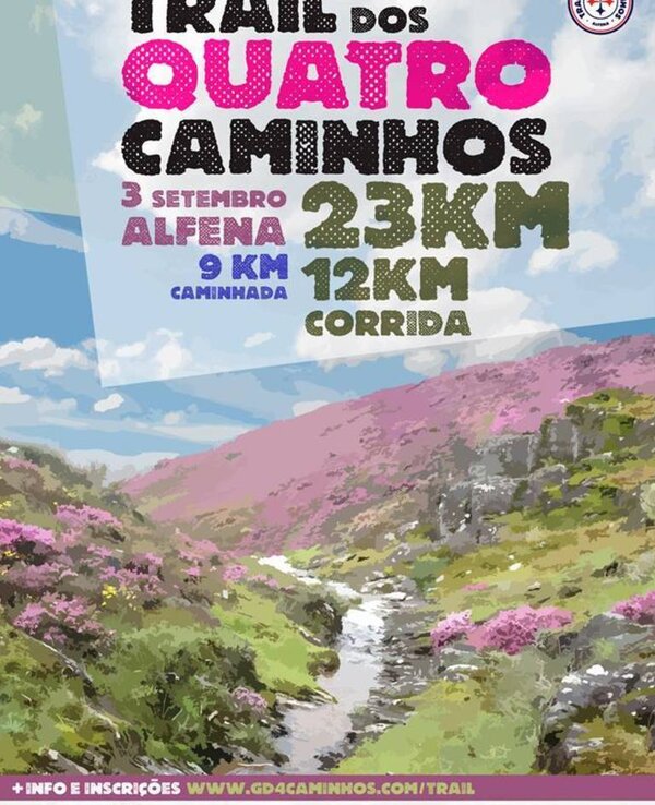 Cartaz do Trail dos Quatro Caminhos com informações sobre a corrida e caminhada.