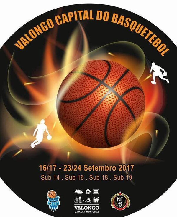 Cartaz do evento de basquetebol em Valongo, com bola e datas.