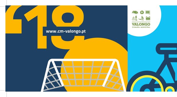 Capa da Agenda Desportiva 2018 com elementos de desporto e logo da Câmara Municipal de Valongo.
