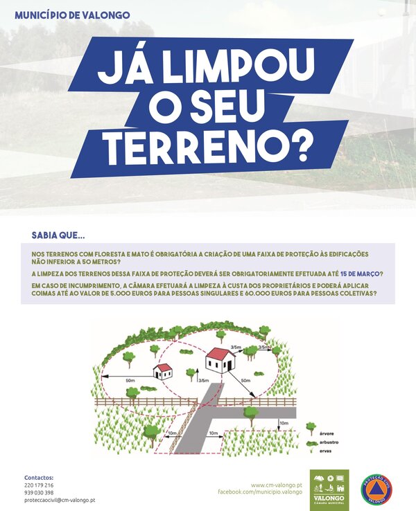 Cartaz informativo sobre limpeza de terrenos em Valongo, com ilustração e regras.