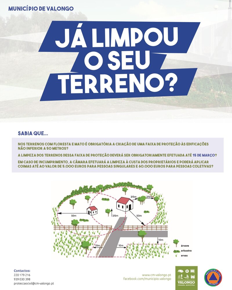 Cartaz informativo sobre limpeza de terrenos em Valongo, com ilustração e regras.