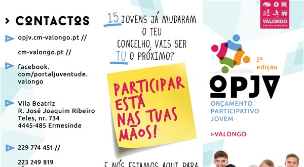 Cartaz sobre o Orçamento Participativo Jovem em Valongo, com contactos e convite à participação.