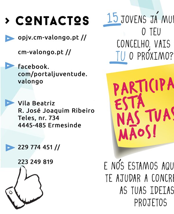 Cartaz sobre o Orçamento Participativo Jovem em Valongo, com contactos e convite à participação.