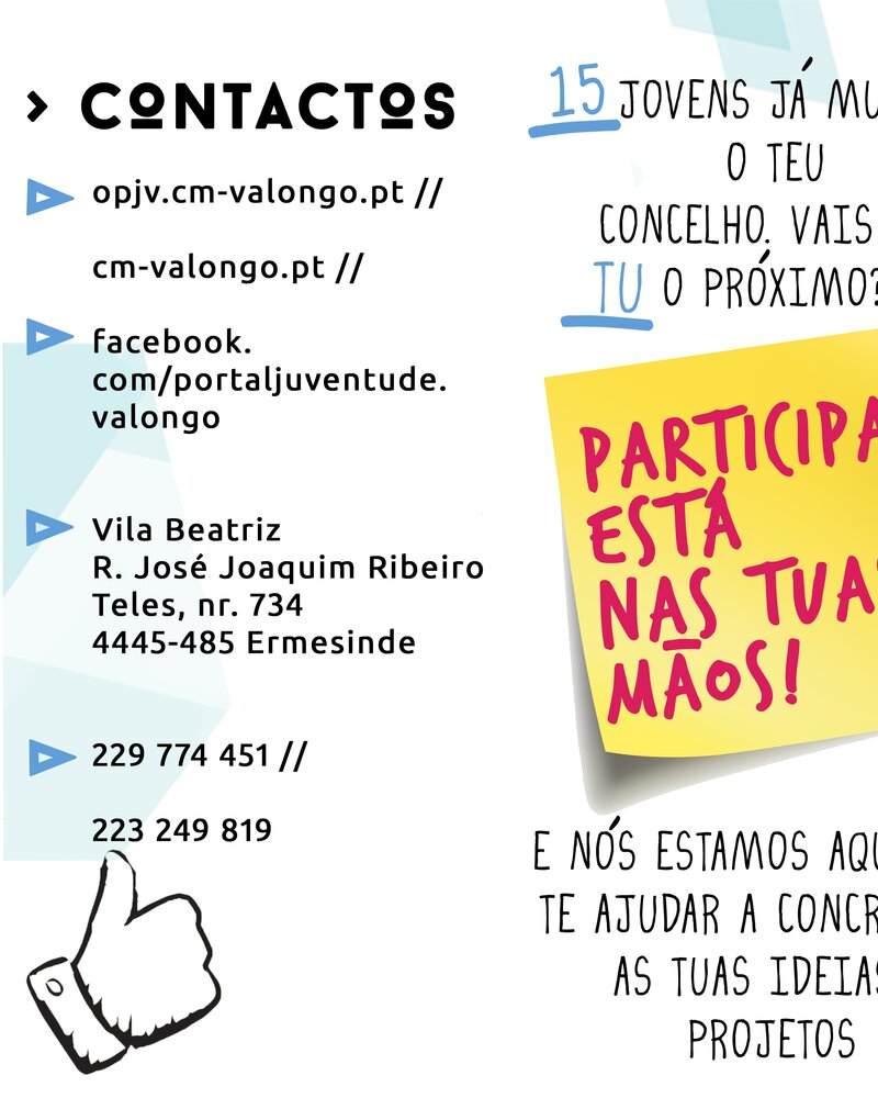 Cartaz sobre o Orçamento Participativo Jovem em Valongo, com contactos e convite à participação.