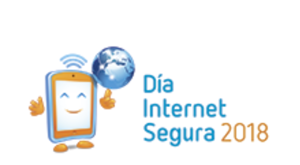 Logotipo do Dia da Internet Segura 2018 com um tablet sorridente e um globo.