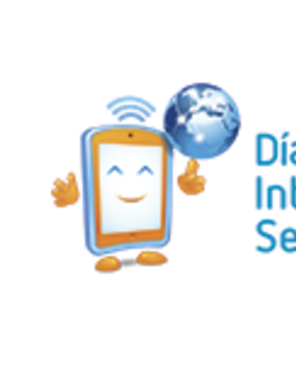 Logotipo do Dia da Internet Segura 2018 com um tablet sorridente e um globo.