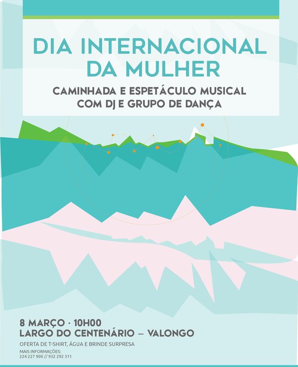 Cartaz do Dia Internacional da Mulher com informações sobre evento em Valongo.