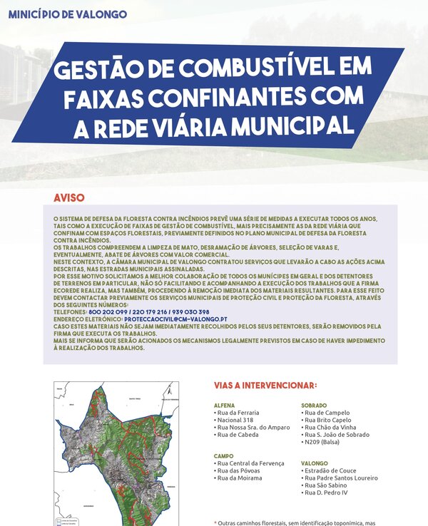 Aviso sobre gestão de combustíveis em faixas florestais em Valongo.