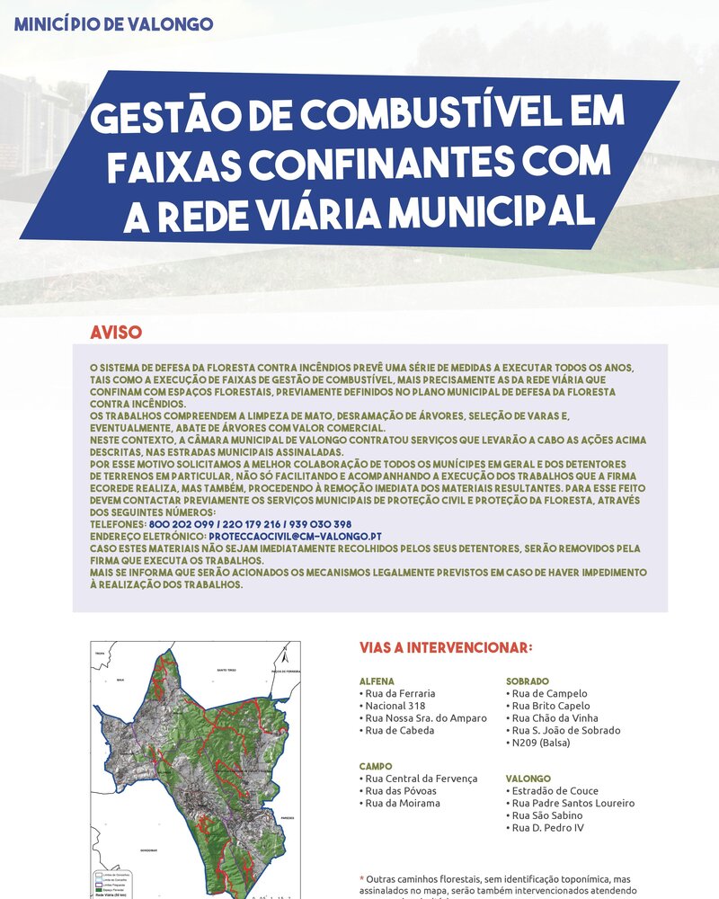 Aviso sobre gestão de combustíveis em faixas florestais em Valongo.