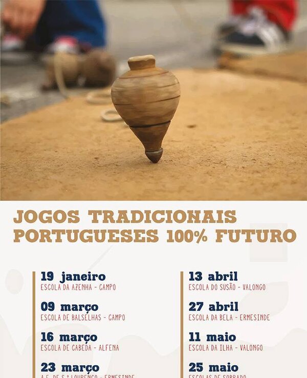 Imagem de um pião em cima de uma superfície de terra, com datas de eventos.