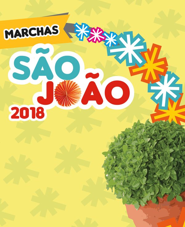 Cartaz colorido do São João 2018 com um vaso de ervas e elementos festivos.