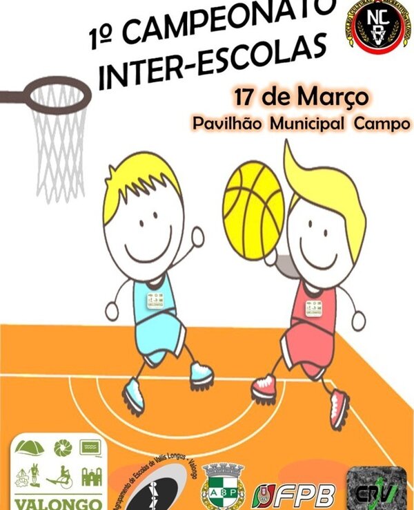 Ilustração de crianças a jogar basquetebol, promovendo um campeonato escolar.