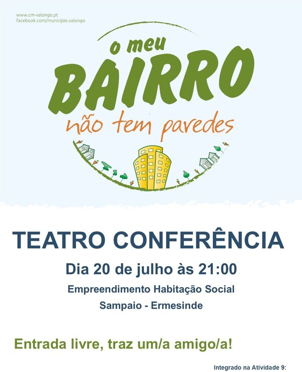 Cartaz do evento 'Teatro Conferência' em Ermesinde, com data e informações.