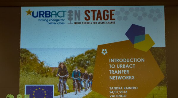 Apresentação sobre redes de transferência URBACT, com crianças a andar de bicicleta.