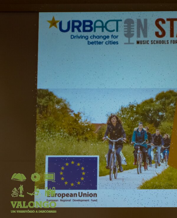 Apresentação sobre redes de transferência URBACT, com crianças a andar de bicicleta.