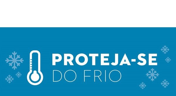 Cartaz azul com a mensagem 'Proteja-se do frio' e ícones de termómetro e flocos de neve.