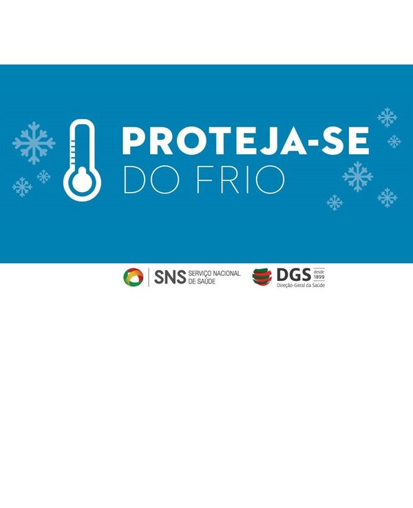 Cartaz azul com a mensagem 'Proteja-se do frio' e ícones de termómetro e flocos de neve.