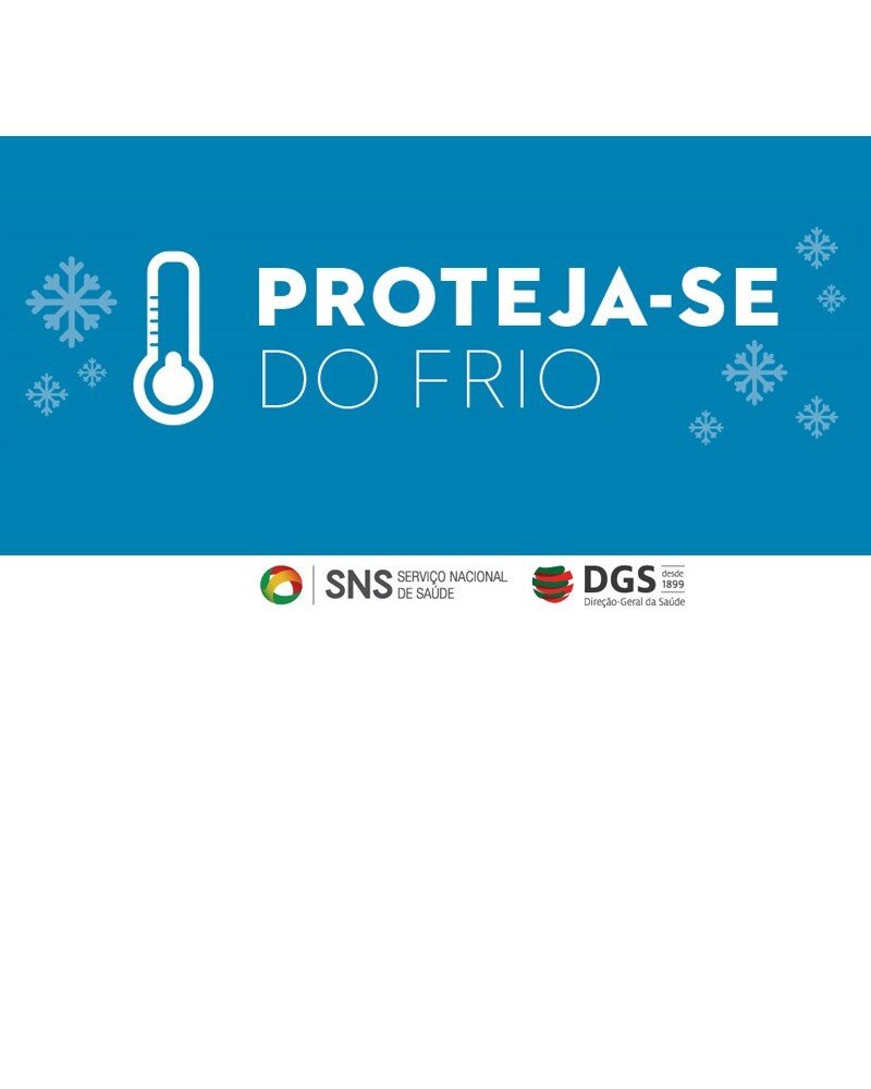 Cartaz azul com a mensagem 'Proteja-se do frio' e ícones de termómetro e flocos de neve.