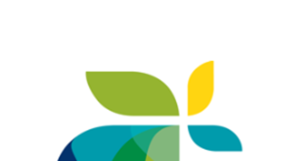 Logotipo estilizado com folhas em várias tonalidades de verde e azul.