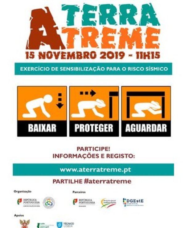 Cartaz do exercício 'A Terra Treme' com instruções de segurança sísmica.