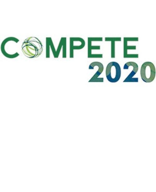 Logotipo do projeto COMPETE 2020 com texto em verde e azul.