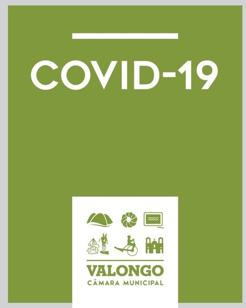 Cartaz verde com a palavra 'COVID-19' em destaque e logotipo da Câmara Municipal de Valongo.