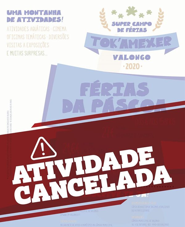 Cartaz informativo com aviso de atividade cancelada em campo de férias.
