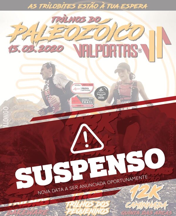 Cartaz do evento 'Trilhos do Paleozoico' com aviso de suspensão.