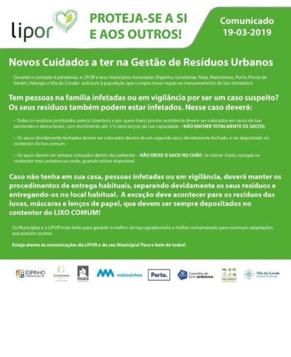 Comunicado da Lipor sobre cuidados na gestão de resíduos durante a pandemia.