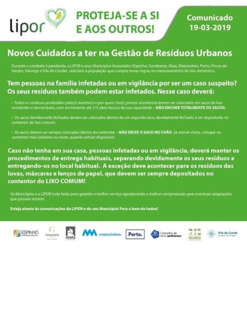 Comunicado da Lipor sobre cuidados na gestão de resíduos durante a pandemia.