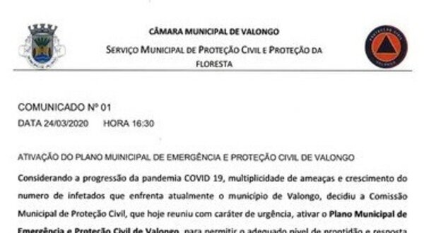Comunicado da Câmara Municipal de Valongo sobre ativação do plano de emergência.
