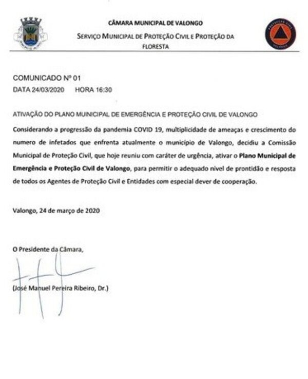 Comunicado da Câmara Municipal de Valongo sobre ativação do plano de emergência.
