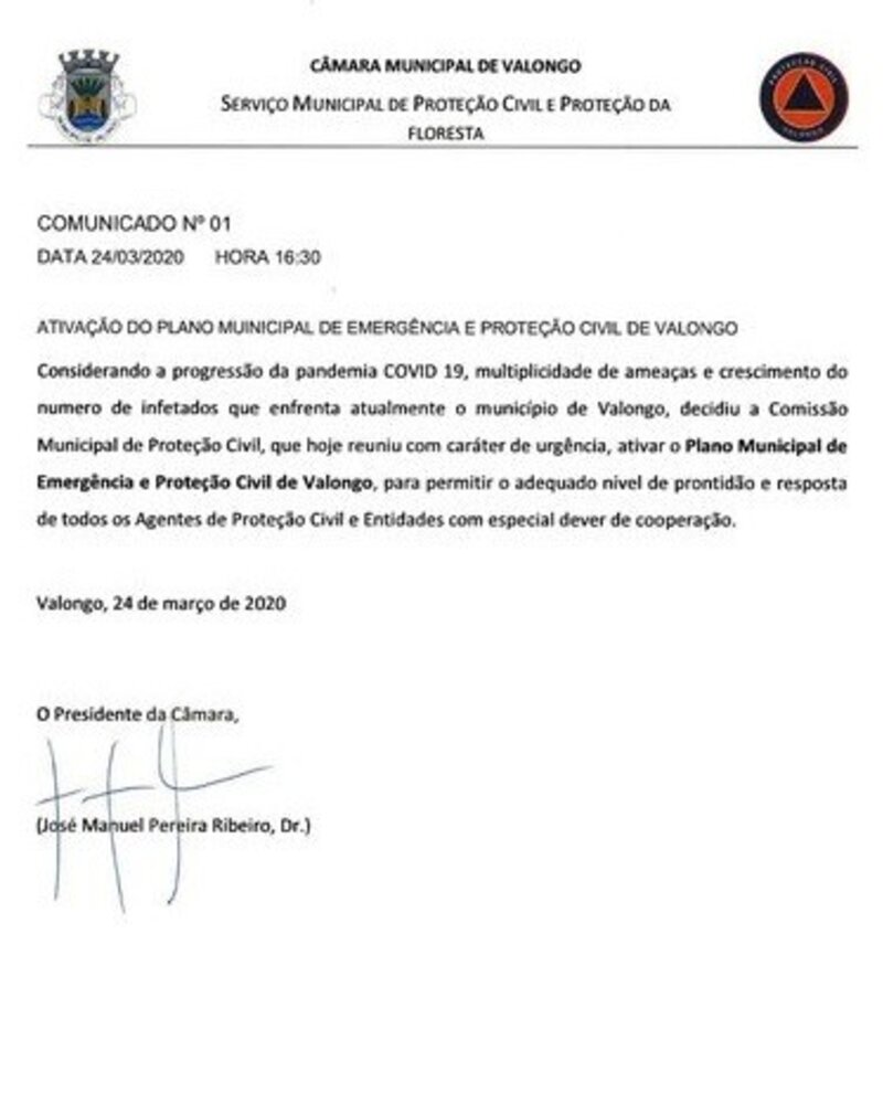 Comunicado da Câmara Municipal de Valongo sobre ativação do plano de emergência.