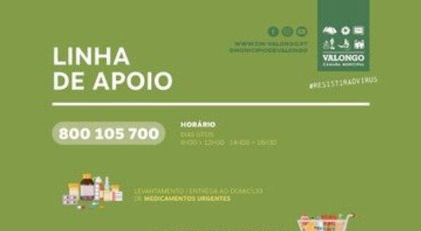 Cartaz informativo sobre a linha de apoio em Valongo, com serviços disponíveis.