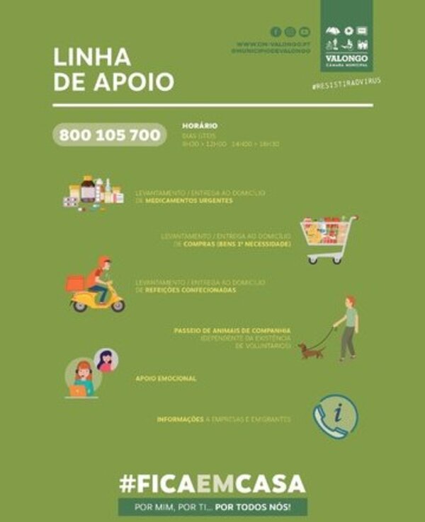 Cartaz informativo sobre a linha de apoio em Valongo, com serviços disponíveis.
